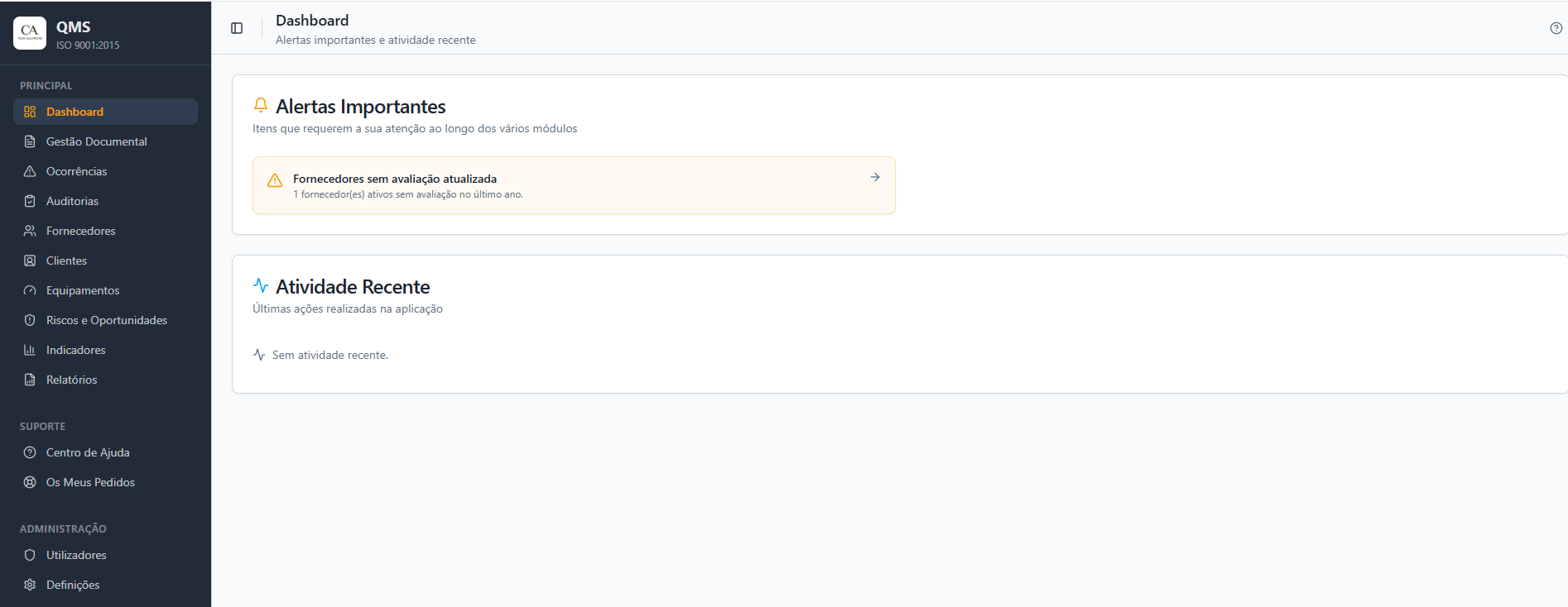 Dashboard do QMS com alertas importantes e atividade recente